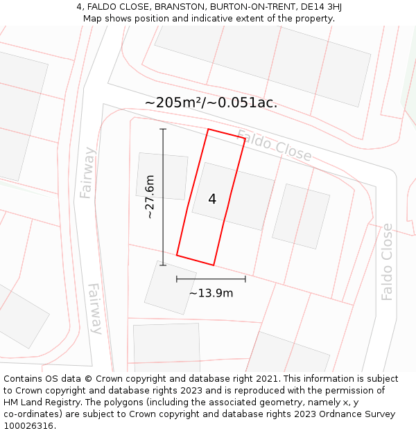 4, FALDO CLOSE, BRANSTON, BURTON-ON-TRENT, DE14 3HJ: Plot and title map