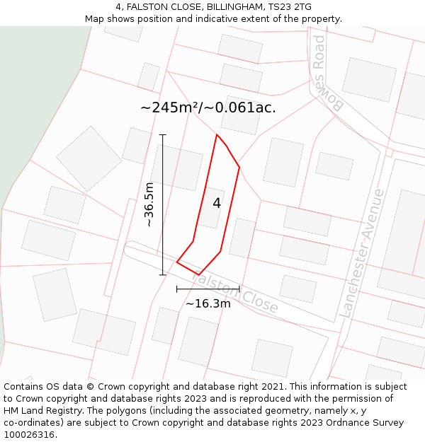 4, FALSTON CLOSE, BILLINGHAM, TS23 2TG: Plot and title map