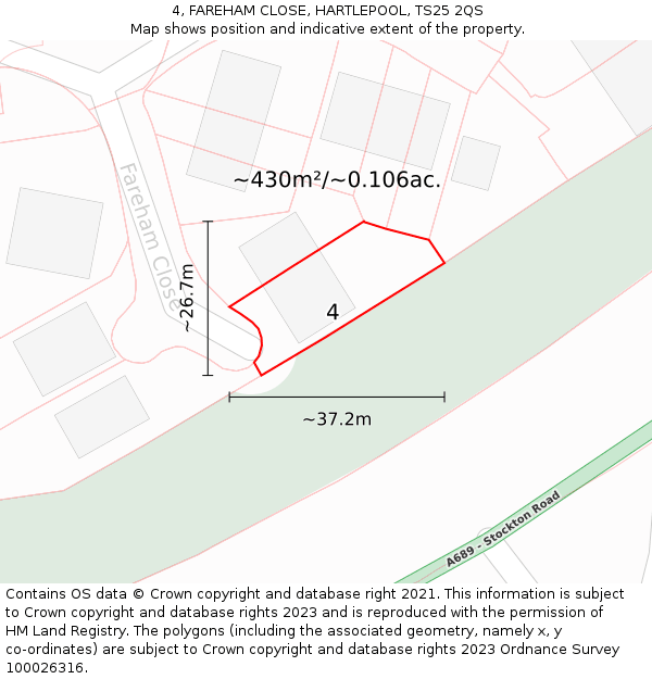 4, FAREHAM CLOSE, HARTLEPOOL, TS25 2QS: Plot and title map
