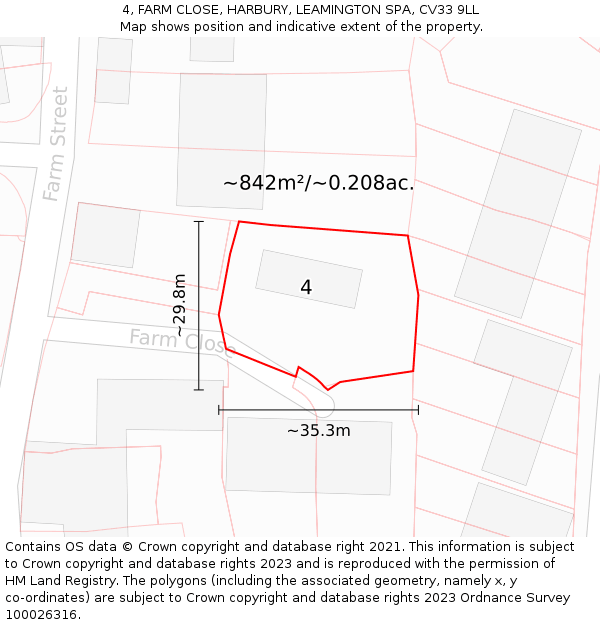 4, FARM CLOSE, HARBURY, LEAMINGTON SPA, CV33 9LL: Plot and title map