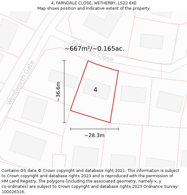 4, FARNDALE CLOSE, WETHERBY, LS22 6XE: Plot and title map