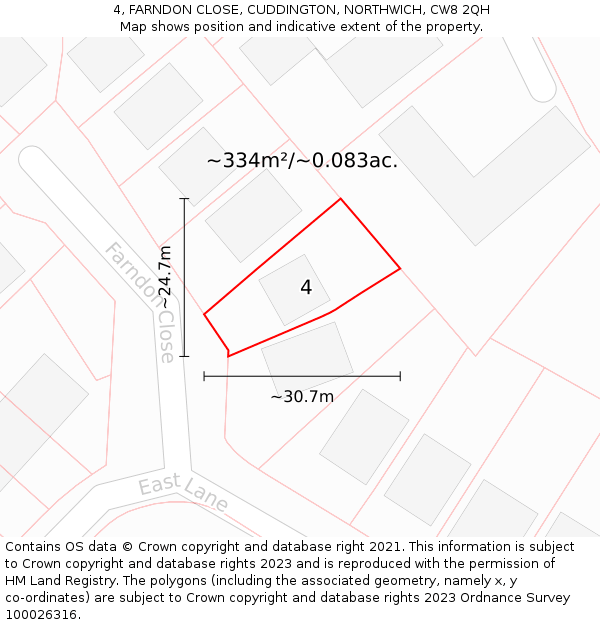 4, FARNDON CLOSE, CUDDINGTON, NORTHWICH, CW8 2QH: Plot and title map