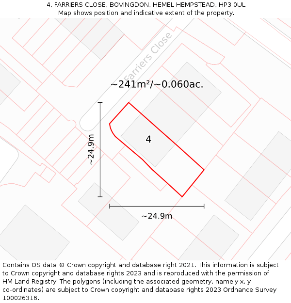 4, FARRIERS CLOSE, BOVINGDON, HEMEL HEMPSTEAD, HP3 0UL: Plot and title map