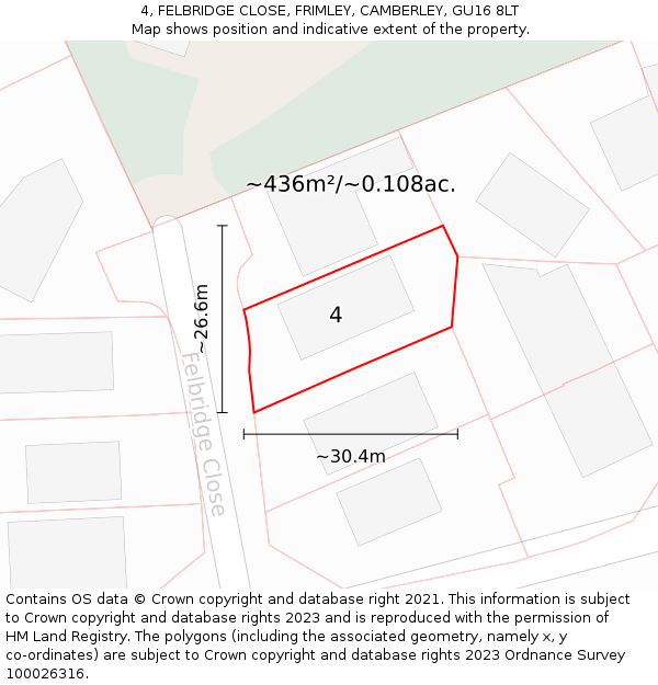 4, FELBRIDGE CLOSE, FRIMLEY, CAMBERLEY, GU16 8LT: Plot and title map