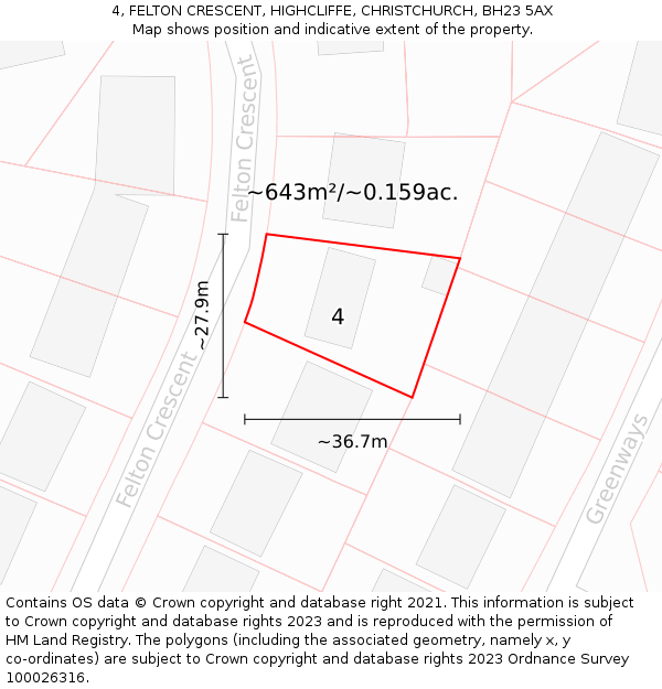 4, FELTON CRESCENT, HIGHCLIFFE, CHRISTCHURCH, BH23 5AX: Plot and title map