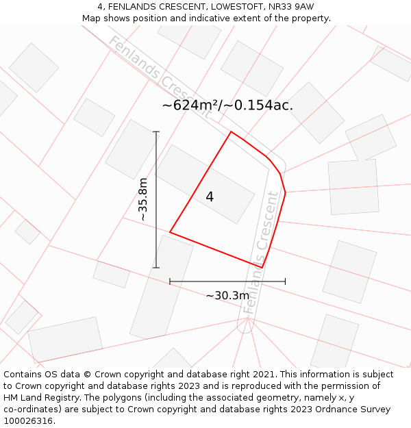 4, FENLANDS CRESCENT, LOWESTOFT, NR33 9AW: Plot and title map