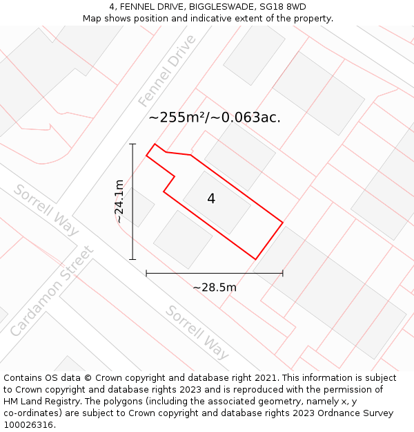 4, FENNEL DRIVE, BIGGLESWADE, SG18 8WD: Plot and title map