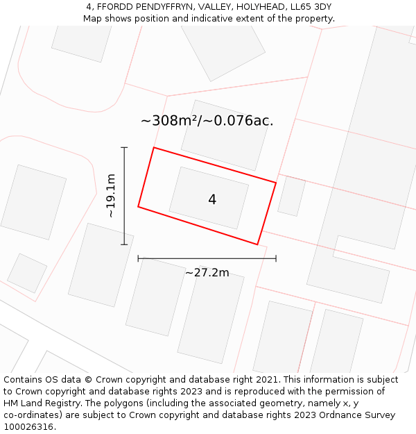 4, FFORDD PENDYFFRYN, VALLEY, HOLYHEAD, LL65 3DY: Plot and title map