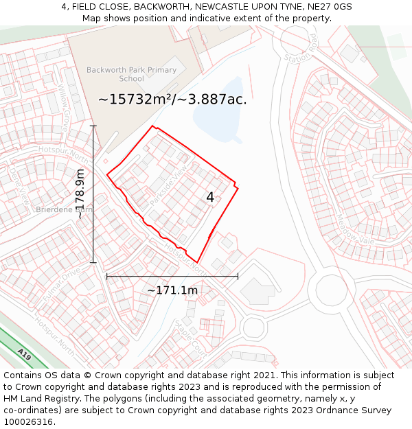 4, FIELD CLOSE, BACKWORTH, NEWCASTLE UPON TYNE, NE27 0GS: Plot and title map