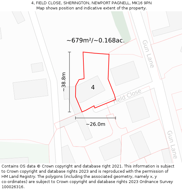 4, FIELD CLOSE, SHERINGTON, NEWPORT PAGNELL, MK16 9PN: Plot and title map