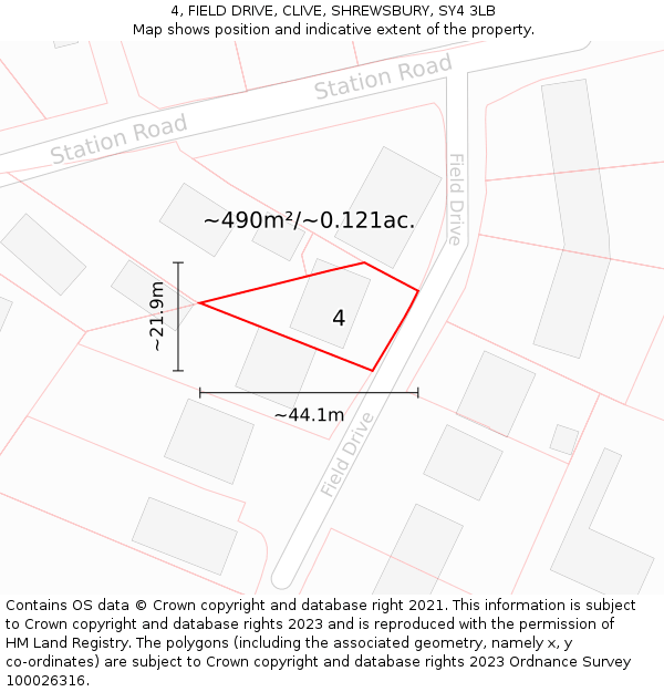 4, FIELD DRIVE, CLIVE, SHREWSBURY, SY4 3LB: Plot and title map