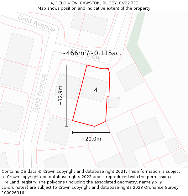 4, FIELD VIEW, CAWSTON, RUGBY, CV22 7FE: Plot and title map