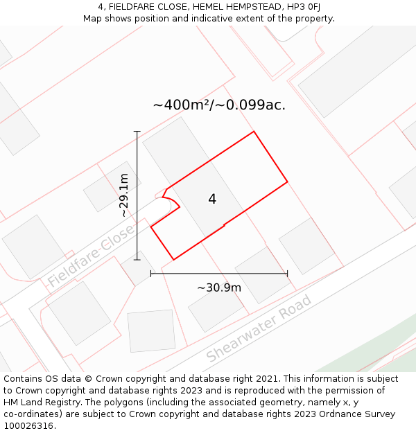 4, FIELDFARE CLOSE, HEMEL HEMPSTEAD, HP3 0FJ: Plot and title map