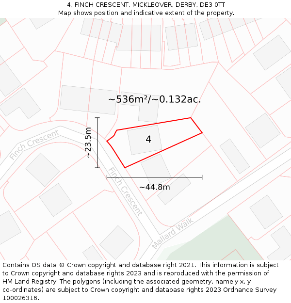 4, FINCH CRESCENT, MICKLEOVER, DERBY, DE3 0TT: Plot and title map