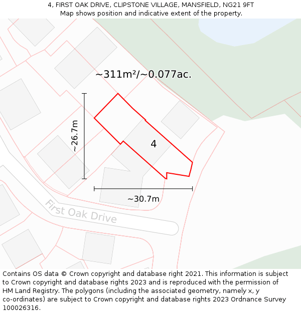 4, FIRST OAK DRIVE, CLIPSTONE VILLAGE, MANSFIELD, NG21 9FT: Plot and title map