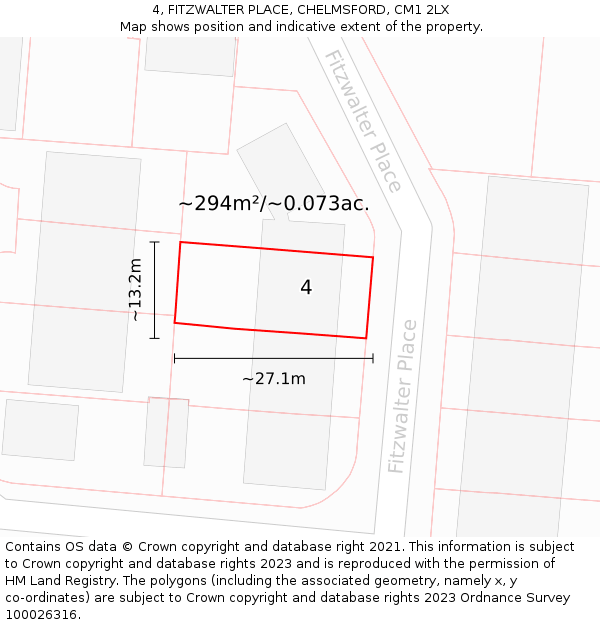 4, FITZWALTER PLACE, CHELMSFORD, CM1 2LX: Plot and title map