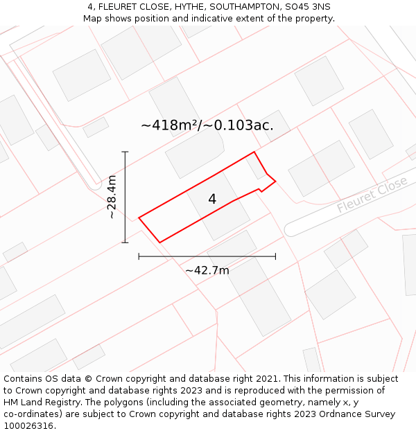 4, FLEURET CLOSE, HYTHE, SOUTHAMPTON, SO45 3NS: Plot and title map