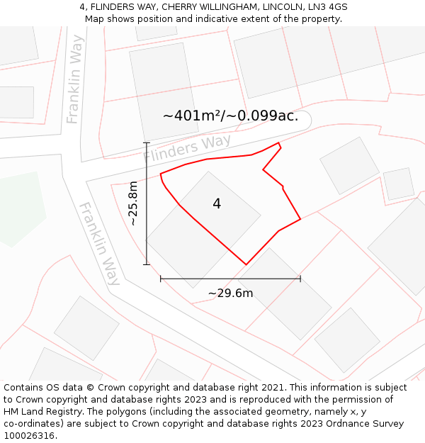 4, FLINDERS WAY, CHERRY WILLINGHAM, LINCOLN, LN3 4GS: Plot and title map