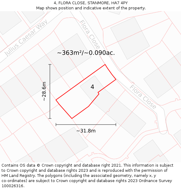 4, FLORA CLOSE, STANMORE, HA7 4PY: Plot and title map
