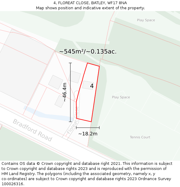 4, FLOREAT CLOSE, BATLEY, WF17 8NA: Plot and title map