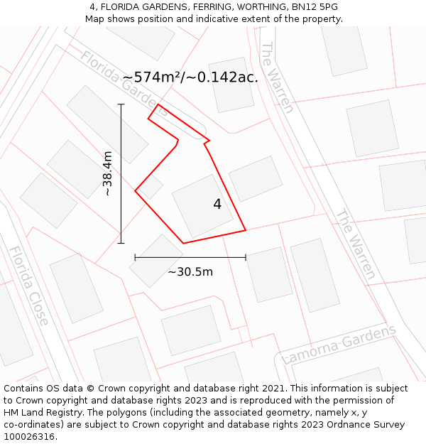 4, FLORIDA GARDENS, FERRING, WORTHING, BN12 5PG: Plot and title map