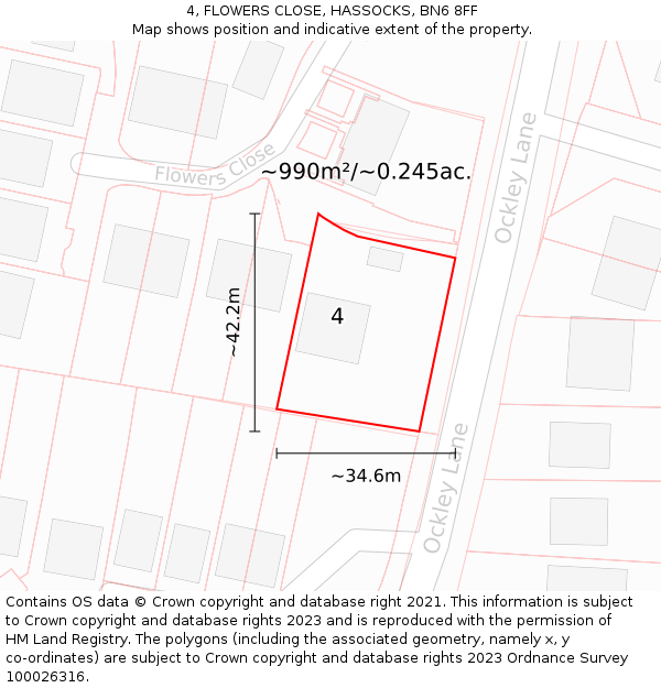 4, FLOWERS CLOSE, HASSOCKS, BN6 8FF: Plot and title map
