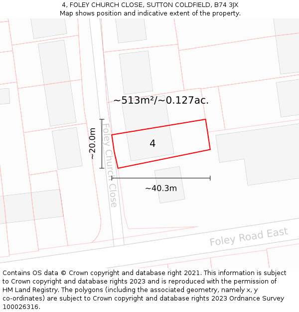 4, FOLEY CHURCH CLOSE, SUTTON COLDFIELD, B74 3JX: Plot and title map