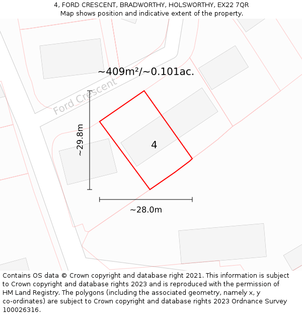 4, FORD CRESCENT, BRADWORTHY, HOLSWORTHY, EX22 7QR: Plot and title map