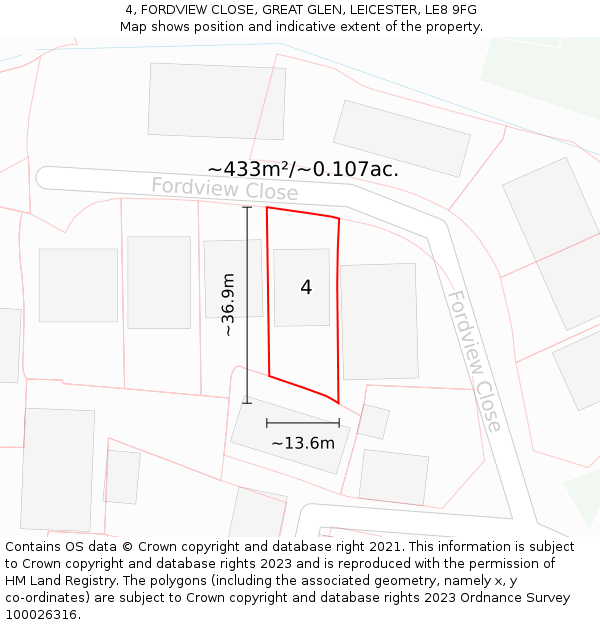 4, FORDVIEW CLOSE, GREAT GLEN, LEICESTER, LE8 9FG: Plot and title map