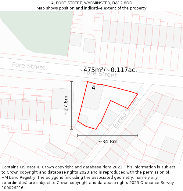 4, FORE STREET, WARMINSTER, BA12 8DD: Plot and title map