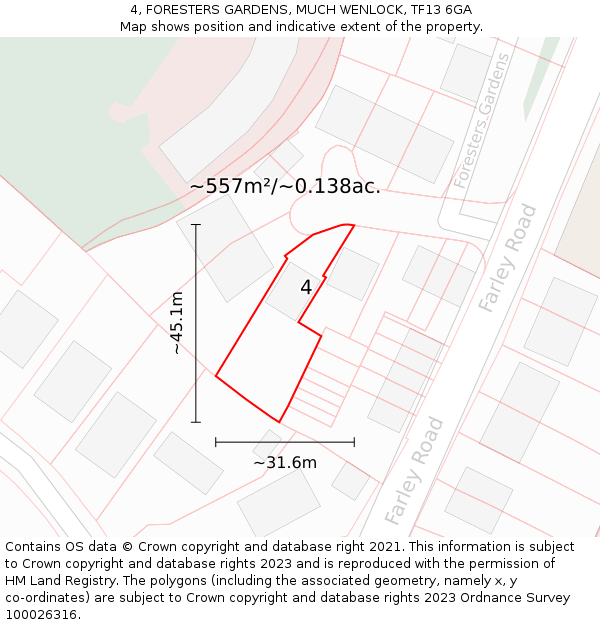 4, FORESTERS GARDENS, MUCH WENLOCK, TF13 6GA: Plot and title map