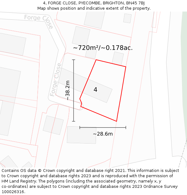 4, FORGE CLOSE, PYECOMBE, BRIGHTON, BN45 7BJ: Plot and title map