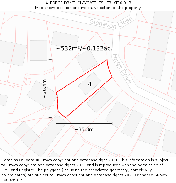 4, FORGE DRIVE, CLAYGATE, ESHER, KT10 0HR: Plot and title map