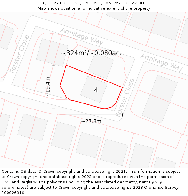4, FORSTER CLOSE, GALGATE, LANCASTER, LA2 0BL: Plot and title map