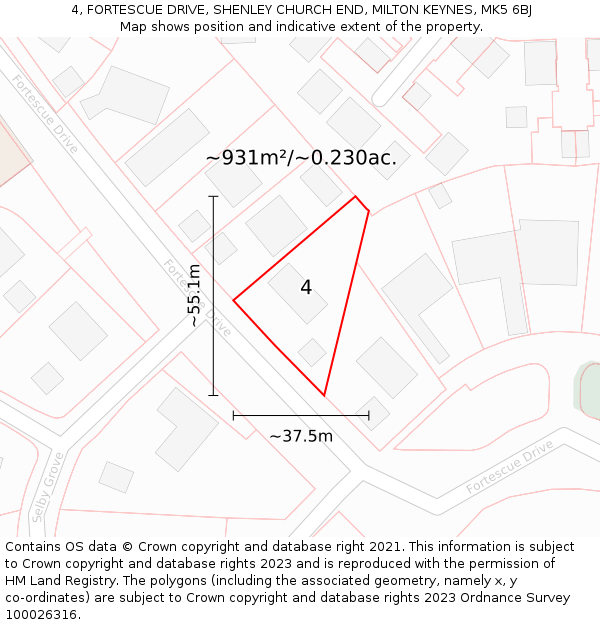 4, FORTESCUE DRIVE, SHENLEY CHURCH END, MILTON KEYNES, MK5 6BJ: Plot and title map