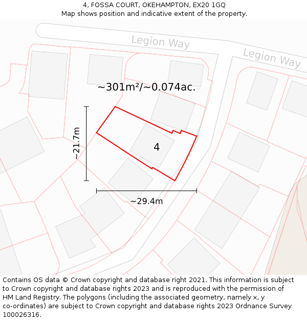 4, FOSSA COURT, OKEHAMPTON, EX20 1GQ: Plot and title map