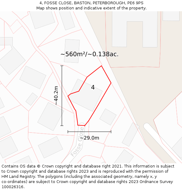 4, FOSSE CLOSE, BASTON, PETERBOROUGH, PE6 9PS: Plot and title map
