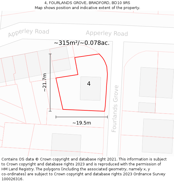 4, FOURLANDS GROVE, BRADFORD, BD10 9RS: Plot and title map