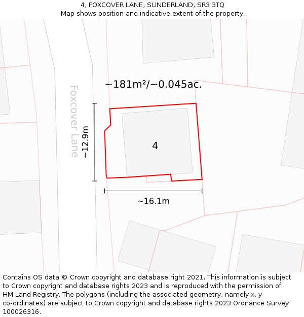 4, FOXCOVER LANE, SUNDERLAND, SR3 3TQ: Plot and title map