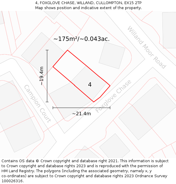4, FOXGLOVE CHASE, WILLAND, CULLOMPTON, EX15 2TP: Plot and title map