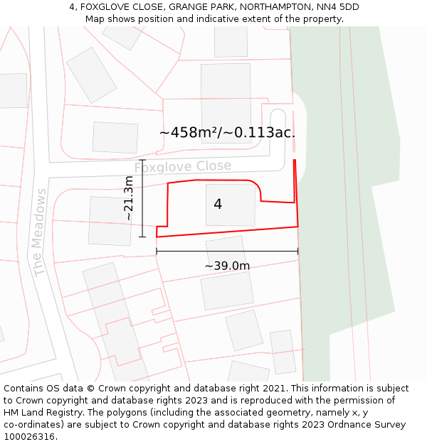 4, FOXGLOVE CLOSE, GRANGE PARK, NORTHAMPTON, NN4 5DD: Plot and title map