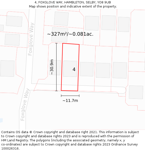 4, FOXGLOVE WAY, HAMBLETON, SELBY, YO8 9UB: Plot and title map