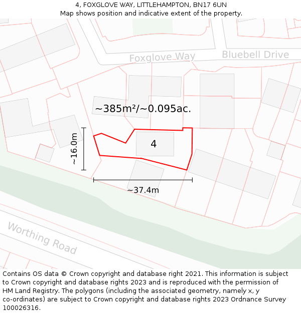 4, FOXGLOVE WAY, LITTLEHAMPTON, BN17 6UN: Plot and title map