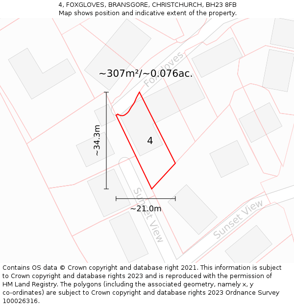 4, FOXGLOVES, BRANSGORE, CHRISTCHURCH, BH23 8FB: Plot and title map