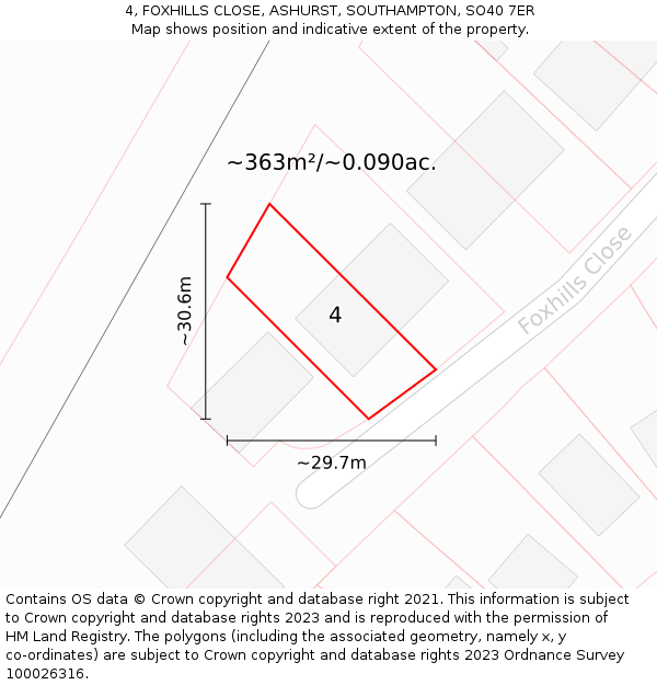 4, FOXHILLS CLOSE, ASHURST, SOUTHAMPTON, SO40 7ER: Plot and title map