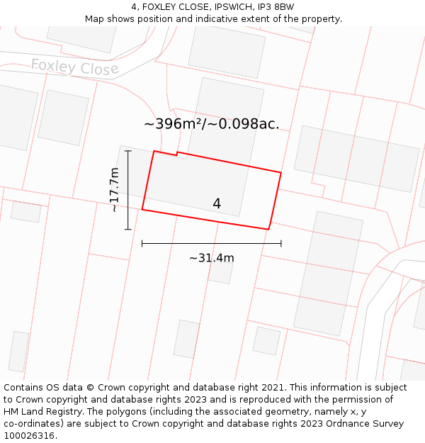 4, FOXLEY CLOSE, IPSWICH, IP3 8BW: Plot and title map