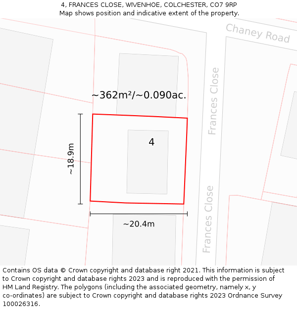 4, FRANCES CLOSE, WIVENHOE, COLCHESTER, CO7 9RP: Plot and title map