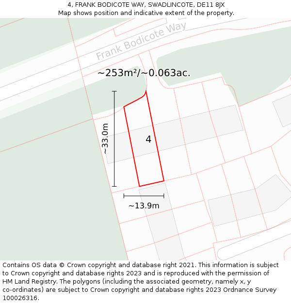 4, FRANK BODICOTE WAY, SWADLINCOTE, DE11 8JX: Plot and title map