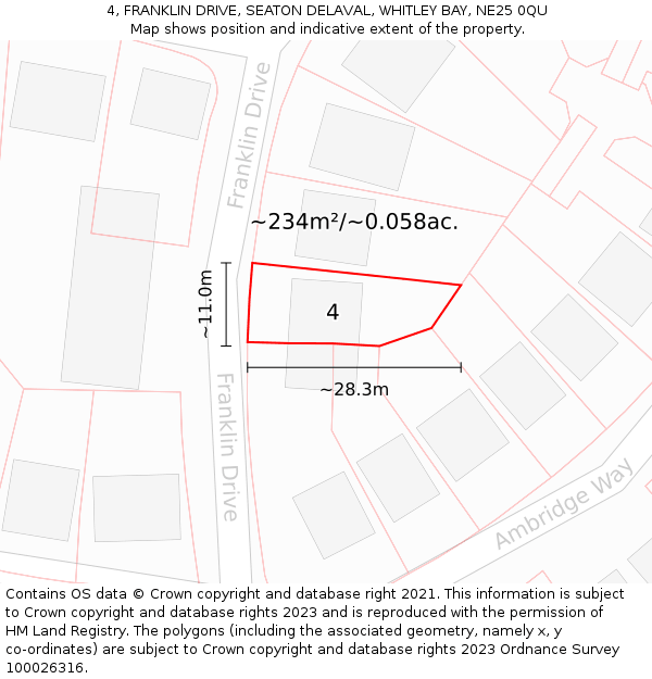 4, FRANKLIN DRIVE, SEATON DELAVAL, WHITLEY BAY, NE25 0QU: Plot and title map