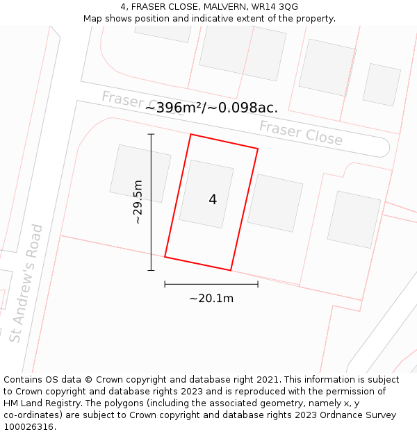 4, FRASER CLOSE, MALVERN, WR14 3QG: Plot and title map